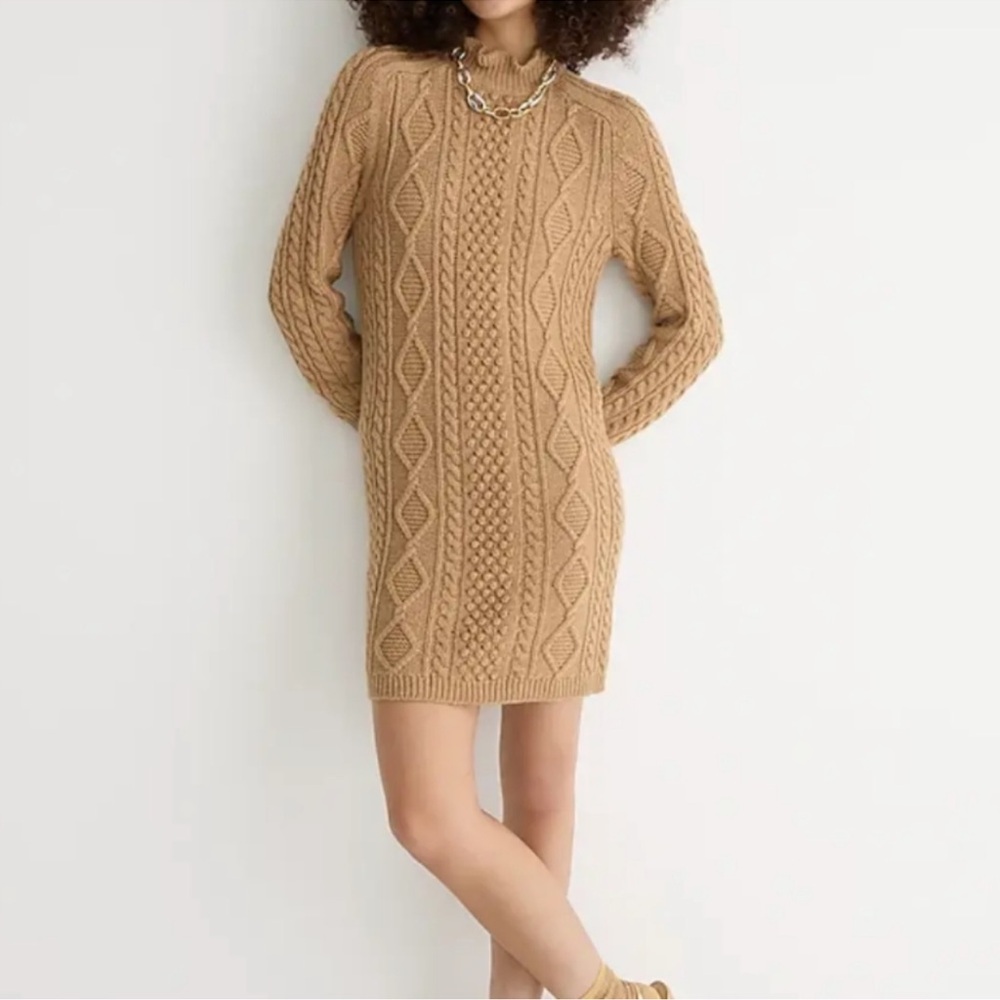 J Crew Cable‎ Knit Sweater Dress Lambs Wool Blend Size Small Tan